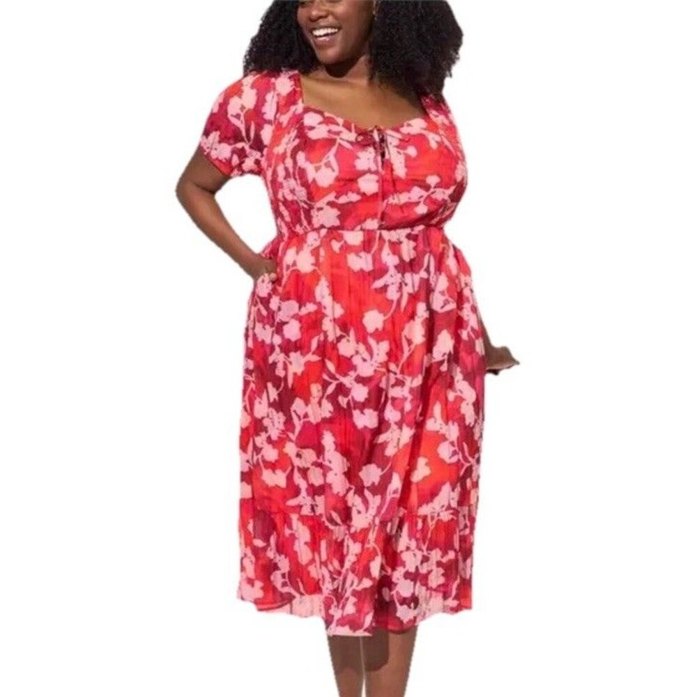 Torrid Red Shady Rose Floral Puff Sleeve Lace Up Smocked Midi Dress 3x